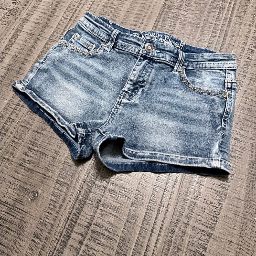 Light Blue Denim Jean Shorts with Stud Detail & Back Skull ๐ Pockets - Picture 2 of 11